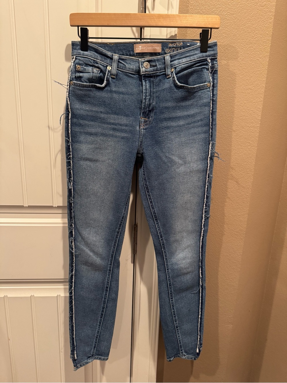 7 For All Mankind Medium Blue Frayed Side-Seam Skinny Jeans
